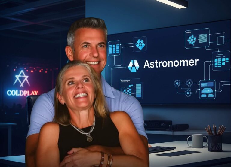 Andy Byron seated in a corporate AI office with Astronomer logo on screen, Coldplay concert scandal hinted in background.