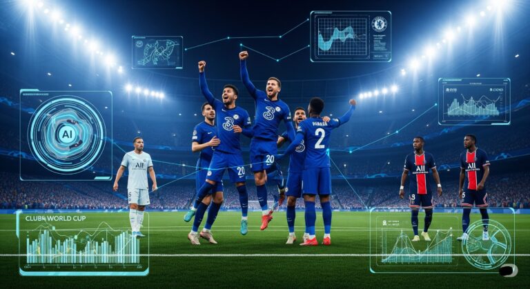 AI-generated illustration of Chelsea celebrating a 3-0 win over PSG in the 2025 Club World Cup with tactical overlays and data visualizations. Chelsea vs PSG